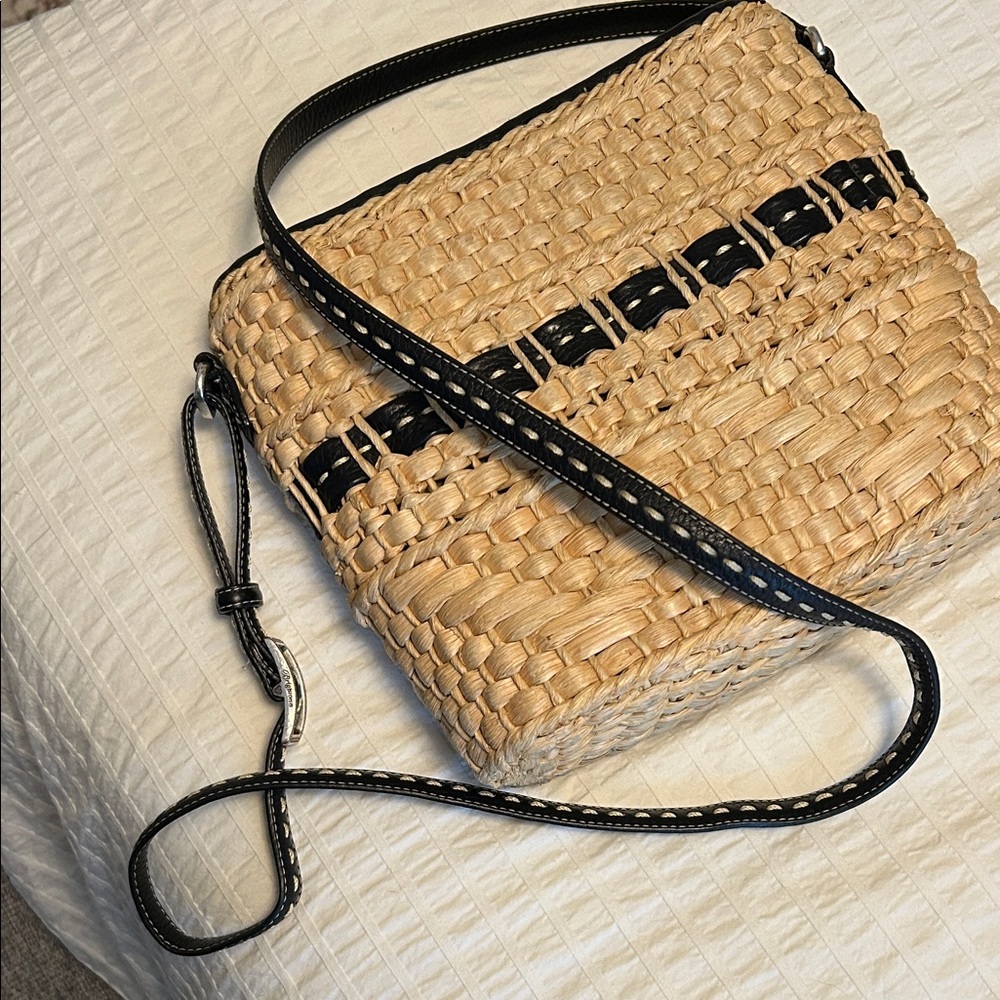 Brighton Tan Woven Crossbody with Black Trim and Charm - Picture 2 of 12